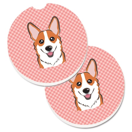 Carolines Treasures Checkerboard Pink Corgi  Cup Holder Car Coaster, PK2 BB1254CARC